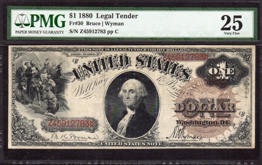 Fr.30, 1880 $1 Legal Tender, Large Brown Seal, VF, Z45912783, PMG-25